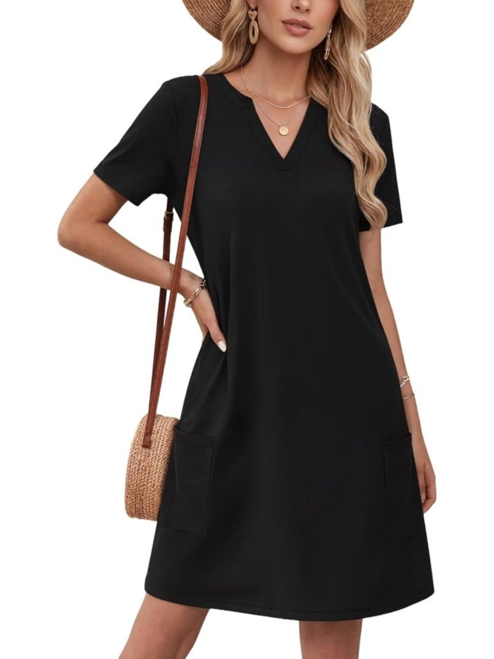 Women's Black Resort Short Sleeve Casual Fashion Beach Dresses with Pockets